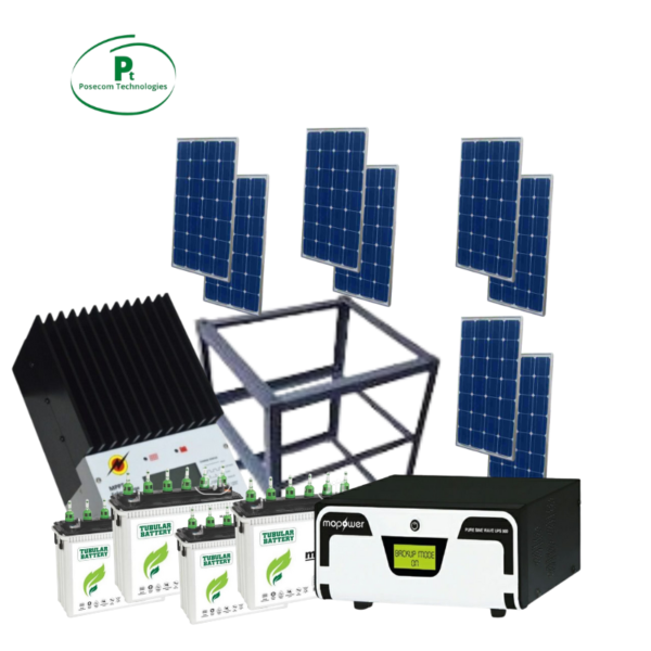 3.5kva inverter, Four pieces 220ah batteries, 60A charge Controller, battery rack, Eight pieces of 350w Solar panels, Cable.